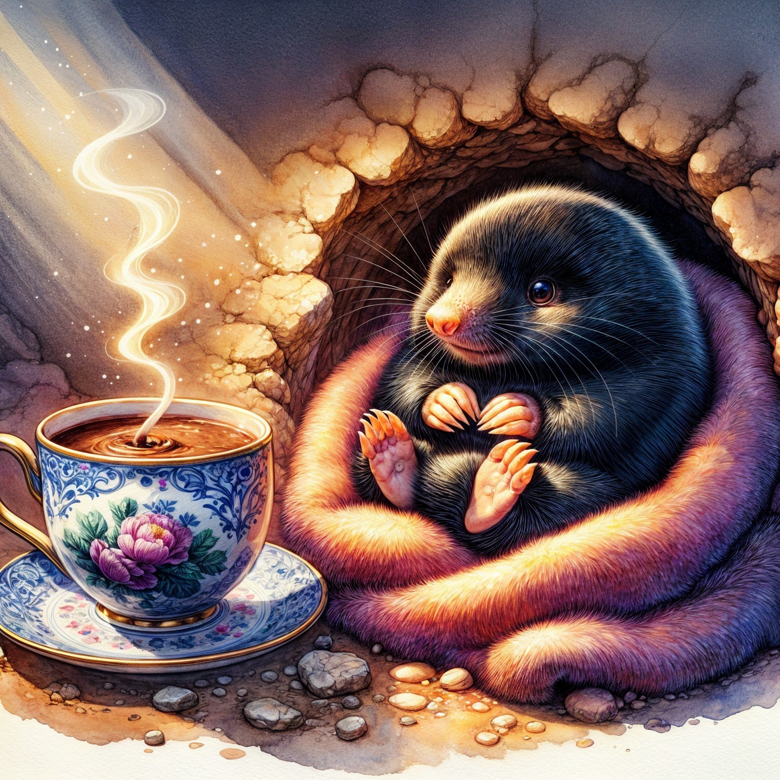 Cozy Mole in Blanket with Floral Teacup and Warm Light