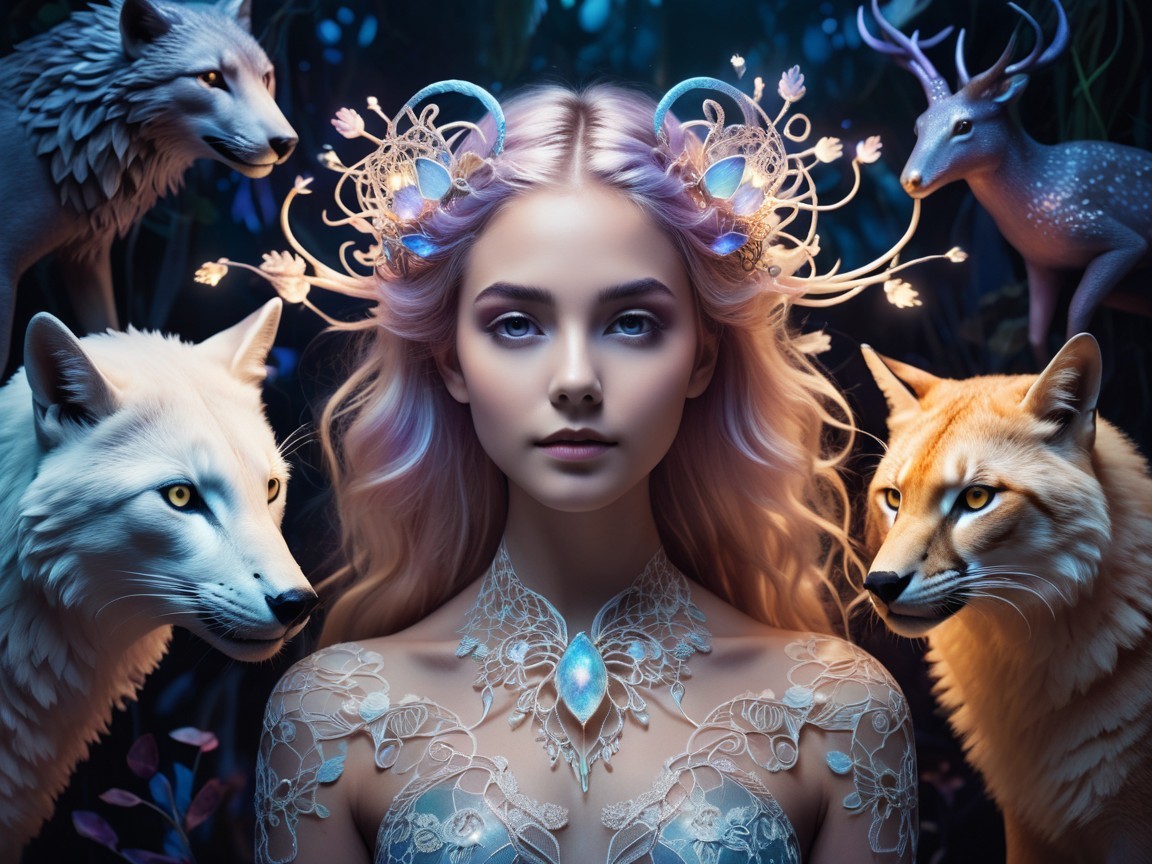 Mystical Scene with Young Woman and Majestic Animals