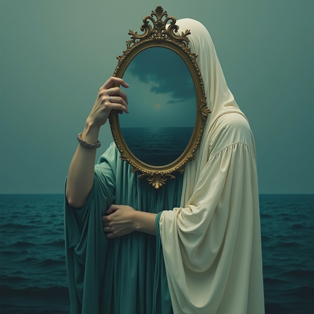 Person with Mirror Reflecting Serene Seascape