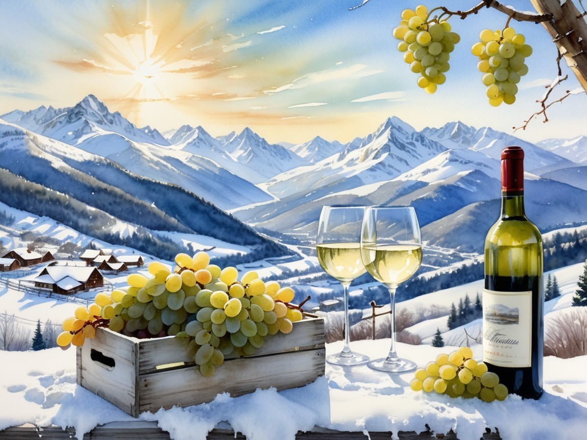 Winter Landscape with Snowy Mountains and Wine Setup