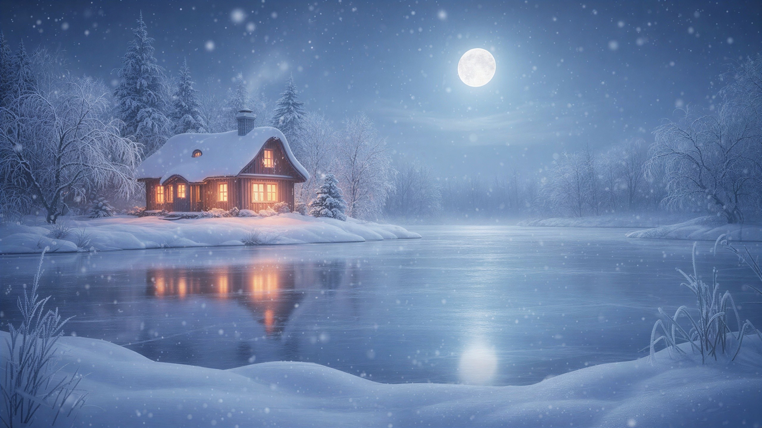 Cozy Winter Night Scene with Cottage and Snowfall