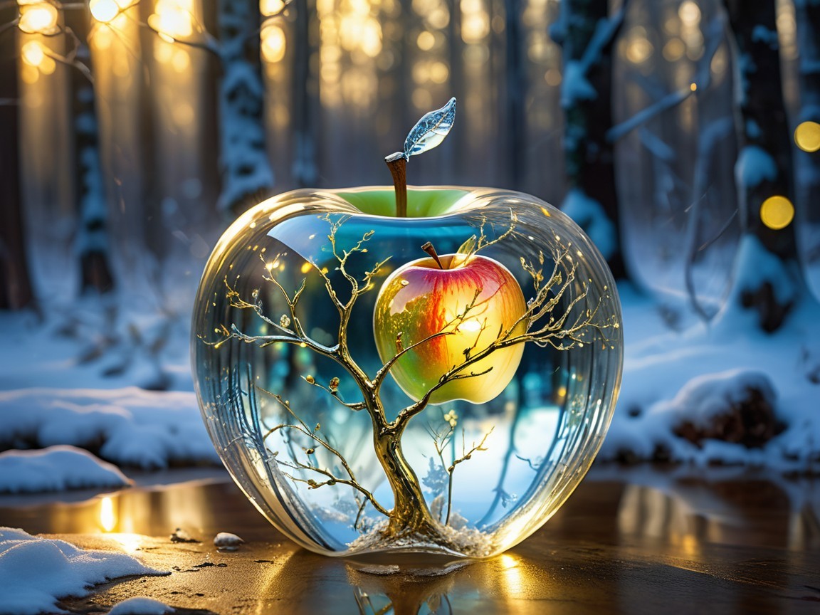 Translucent Apple Sculpture in Winter Landscape