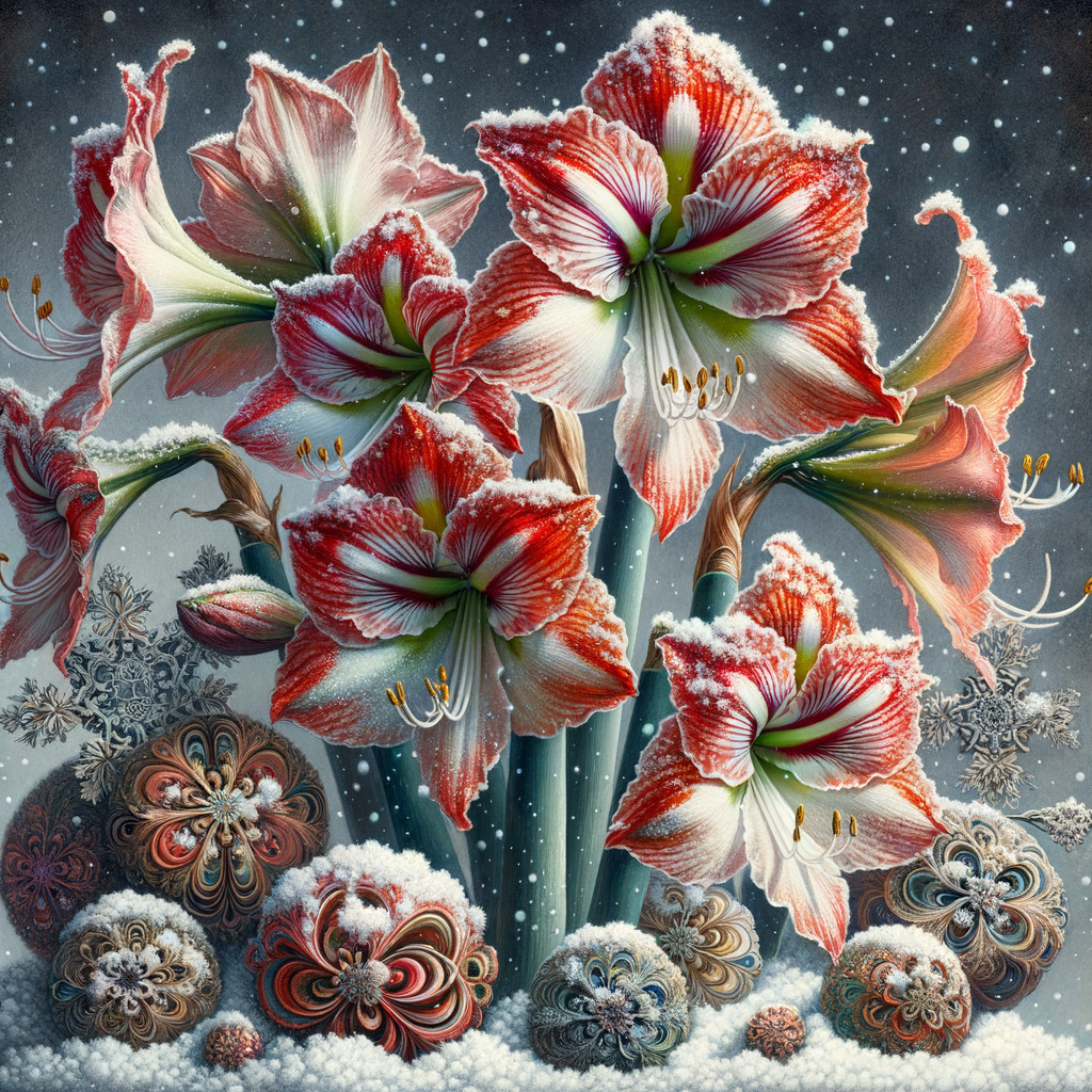 Vibrant Amaryllis Flowers with Snow and Ornaments