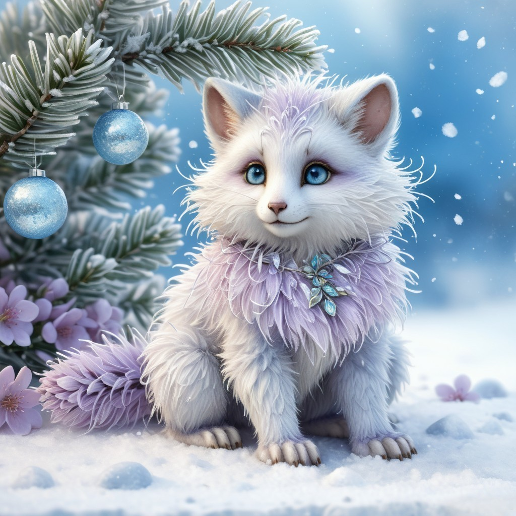 Fluffy White Creature in Snowy Winter Landscape