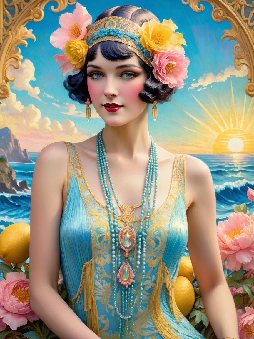 Glamorous 1920s Style Woman at Sunrise by Ocean
