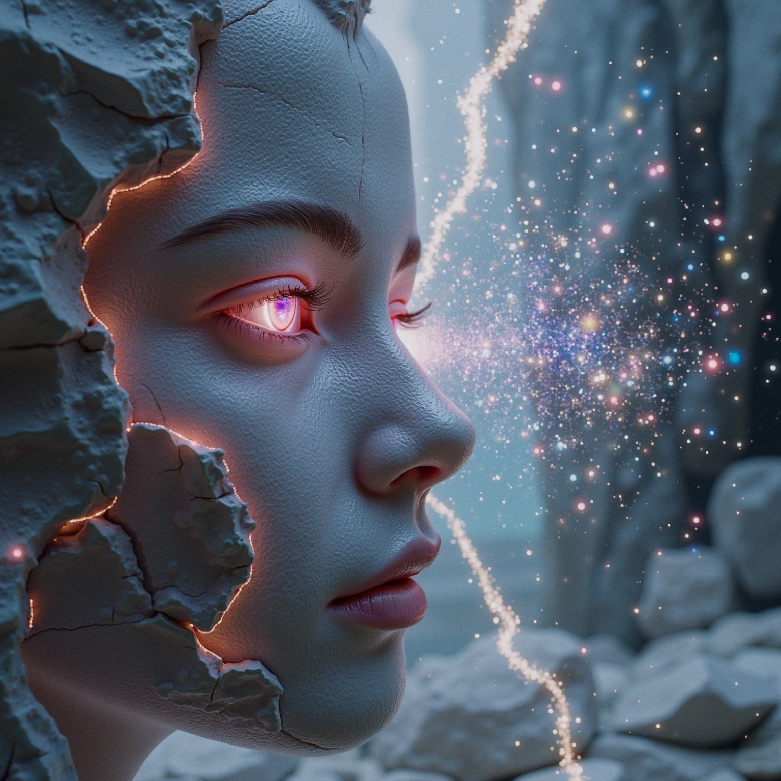 Futuristic Face with Cosmic Nebula and Cracked Surface