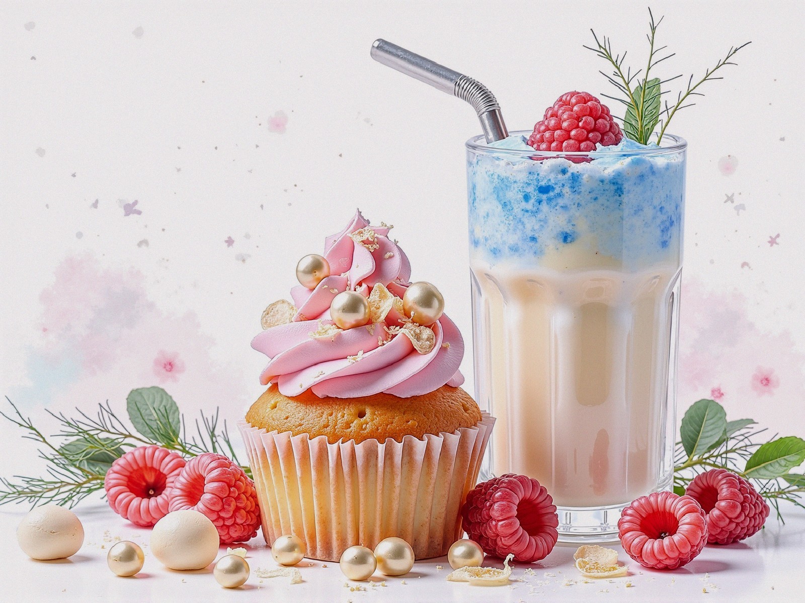 Luscious Cupcake and Creamy Beverage in Pastel Setting