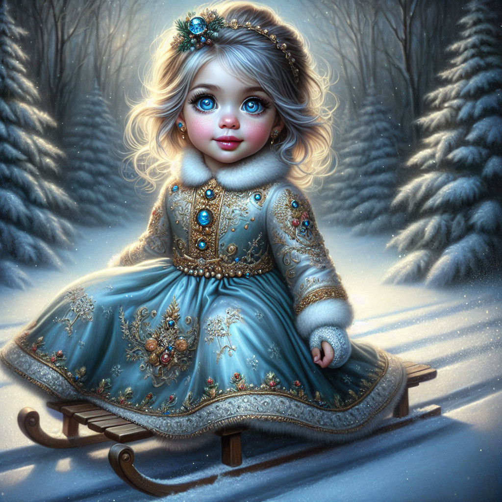 Charming Girl in Blue Dress in Winter Wonderland Scene