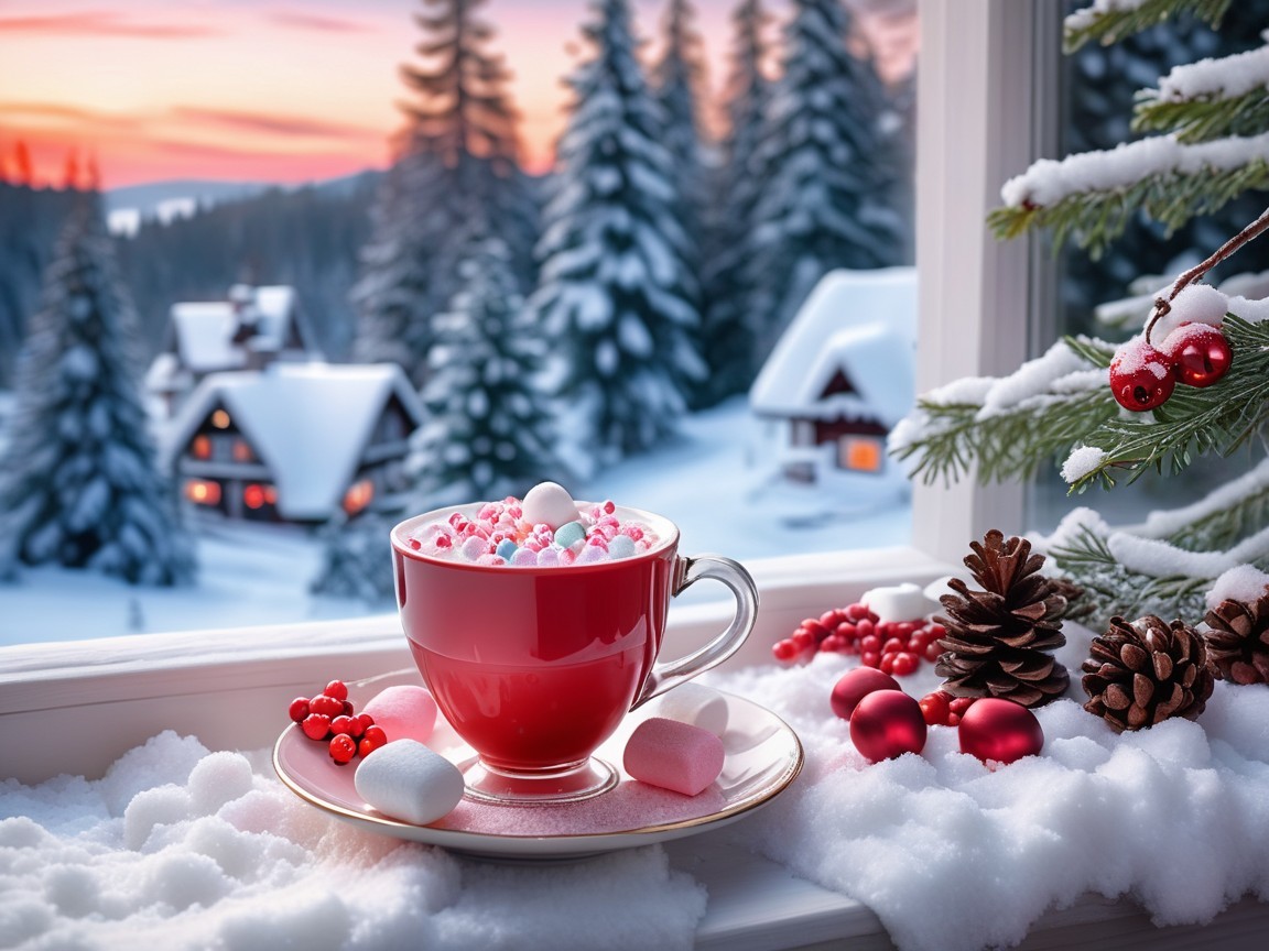 Cozy Winter Scene with Hot Chocolate and Snowy Landscape