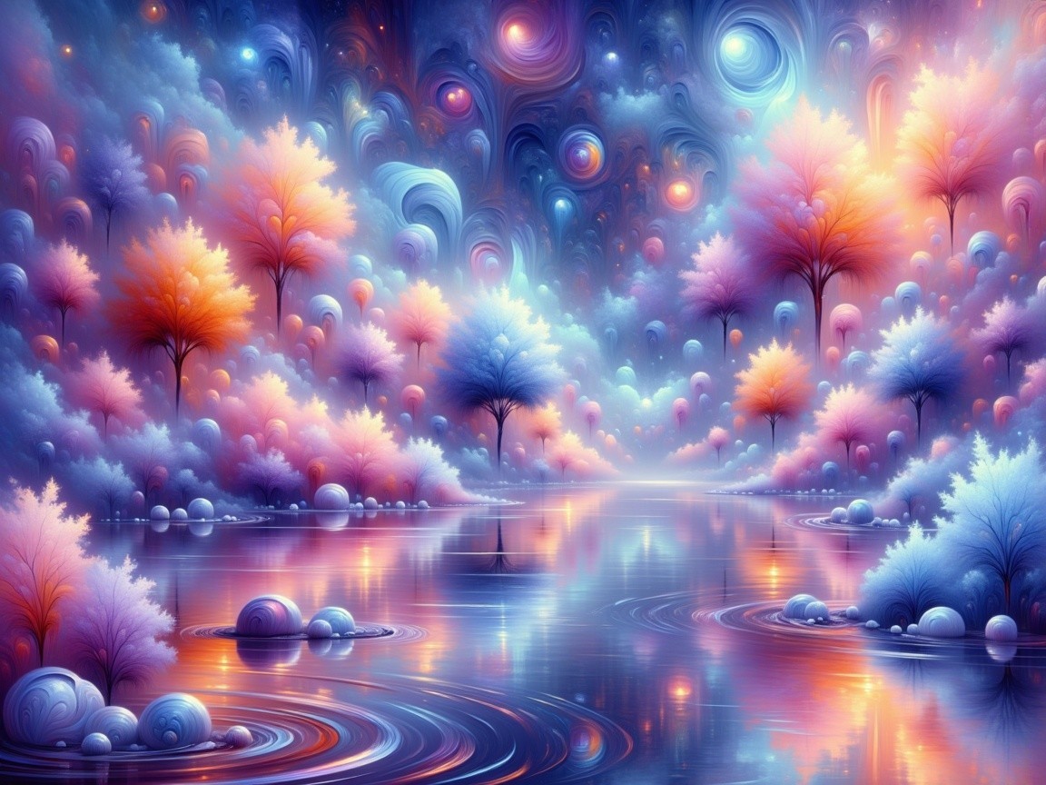 Surreal Landscape with Vibrant Colors and Ethereal Trees