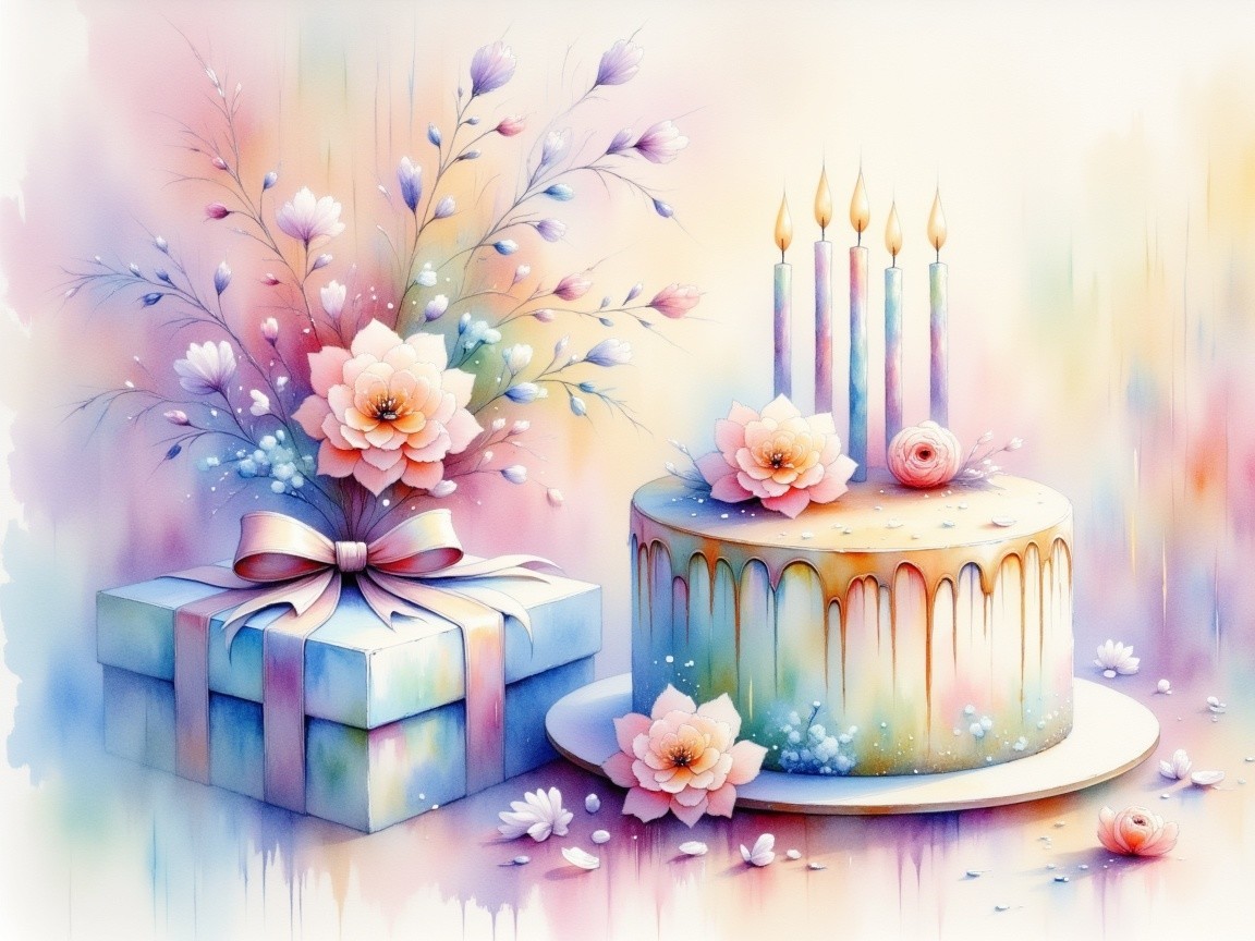 Pastel Drip Cake with Candles and Gift Surrounded by Flowers