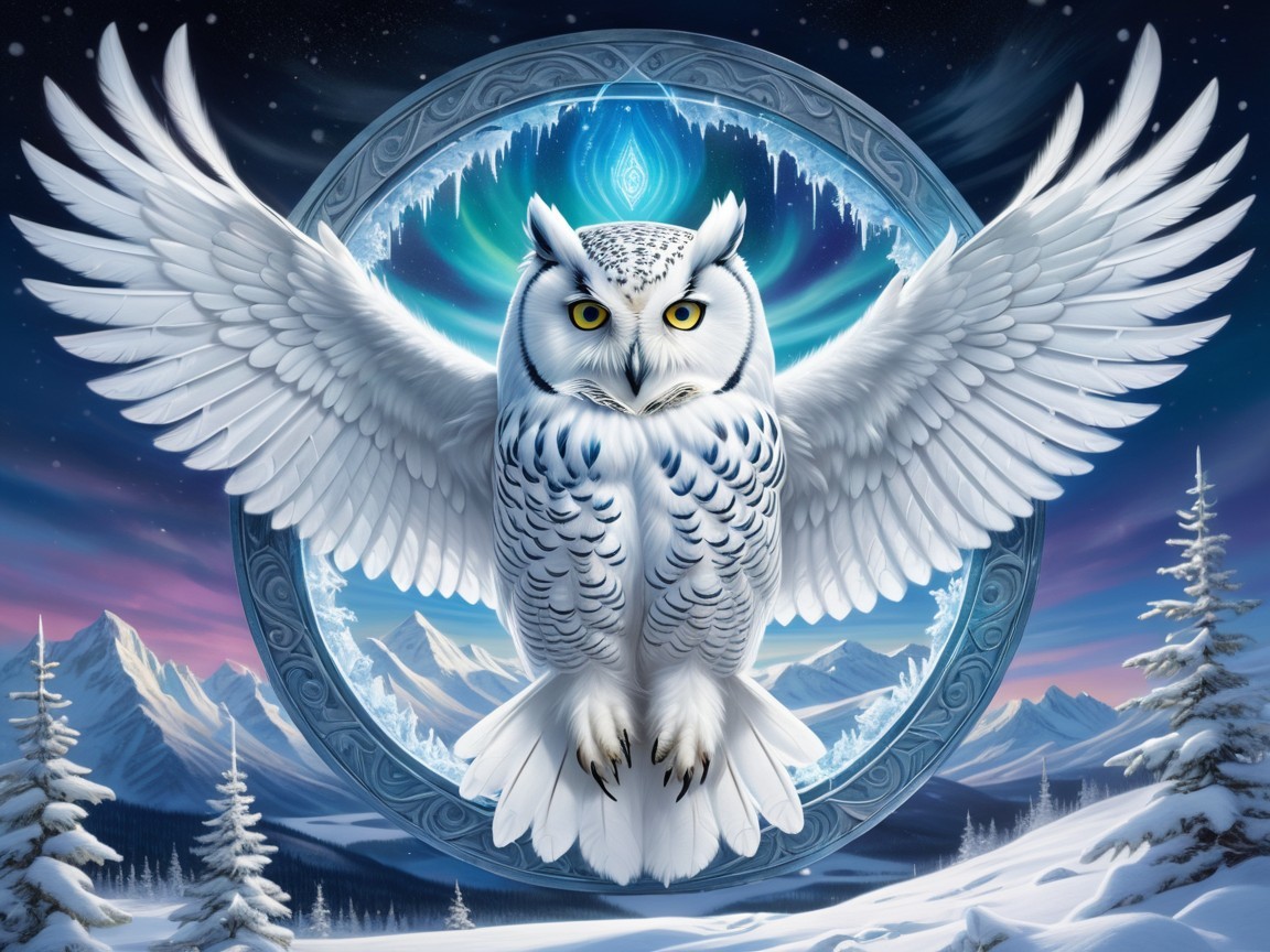 Snowy Owl in Twilight Sky with Icy Mountains Background