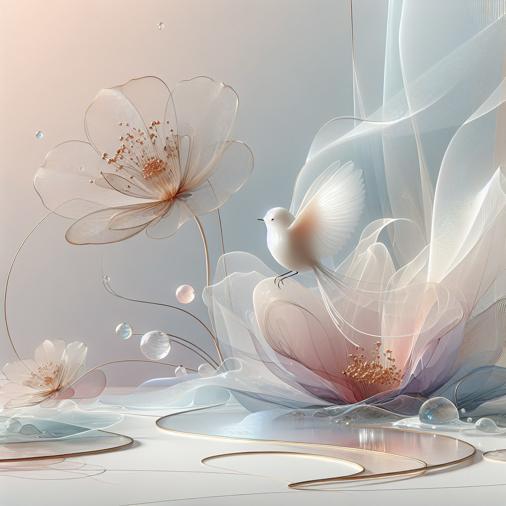 Soft Pastel Illustration of Ethereal Flowers and Bubbles