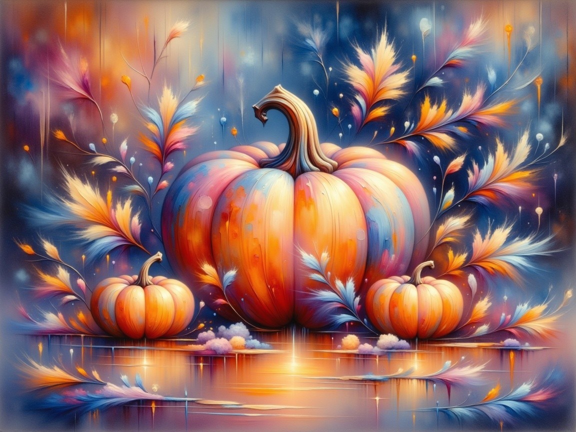 Abstract Art of Pumpkins with Colorful Leaves