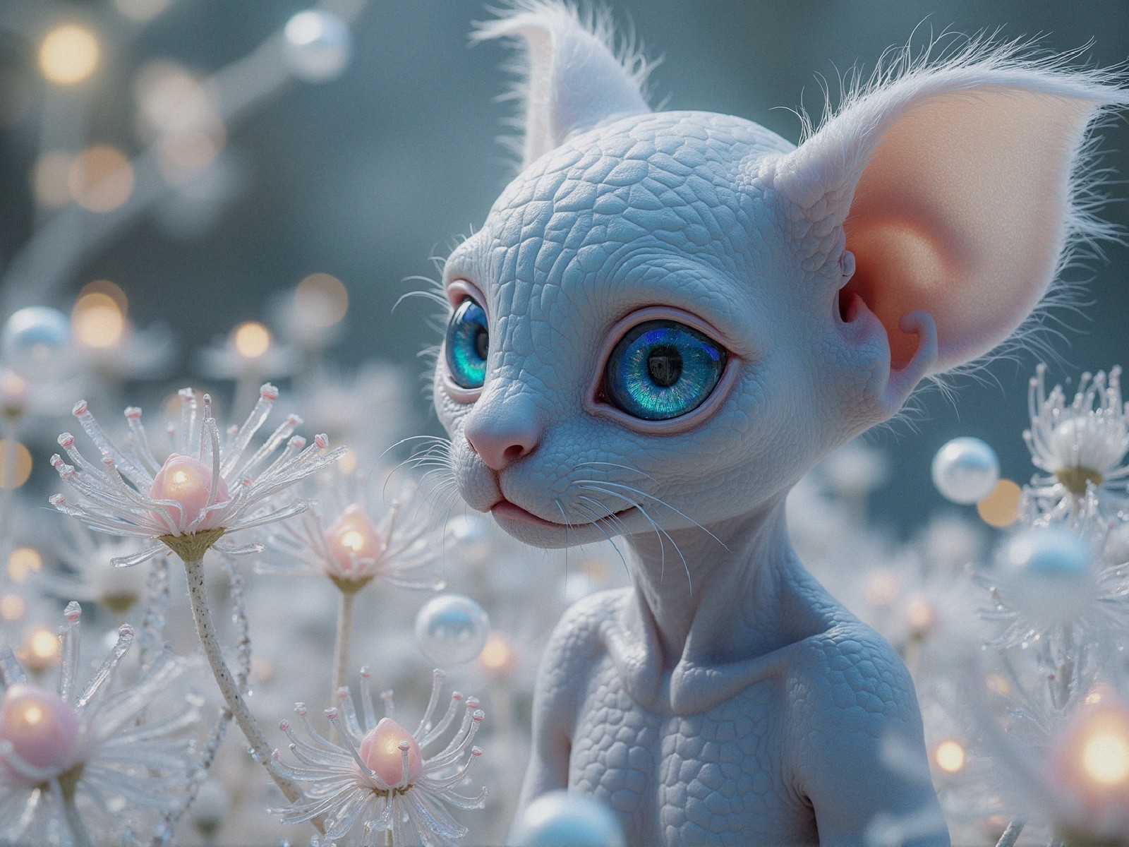Cartoonish Cat Creature in a Magical Flower Garden