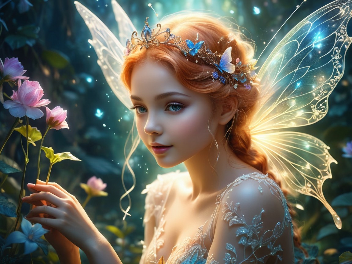 Ethereal Fairy with Red Hair in Flowering Landscape