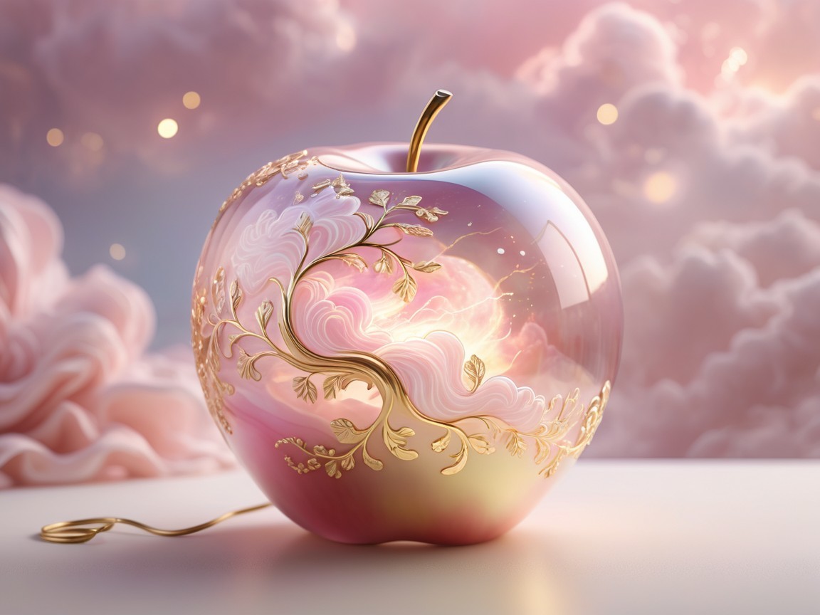 Glossy apple with golden vines and pastel hues