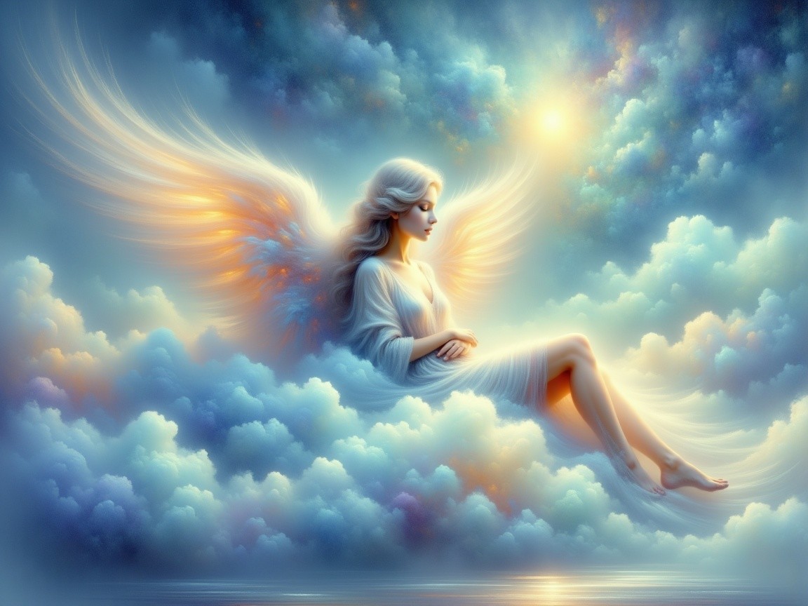 Serene angel on clouds with pastel background