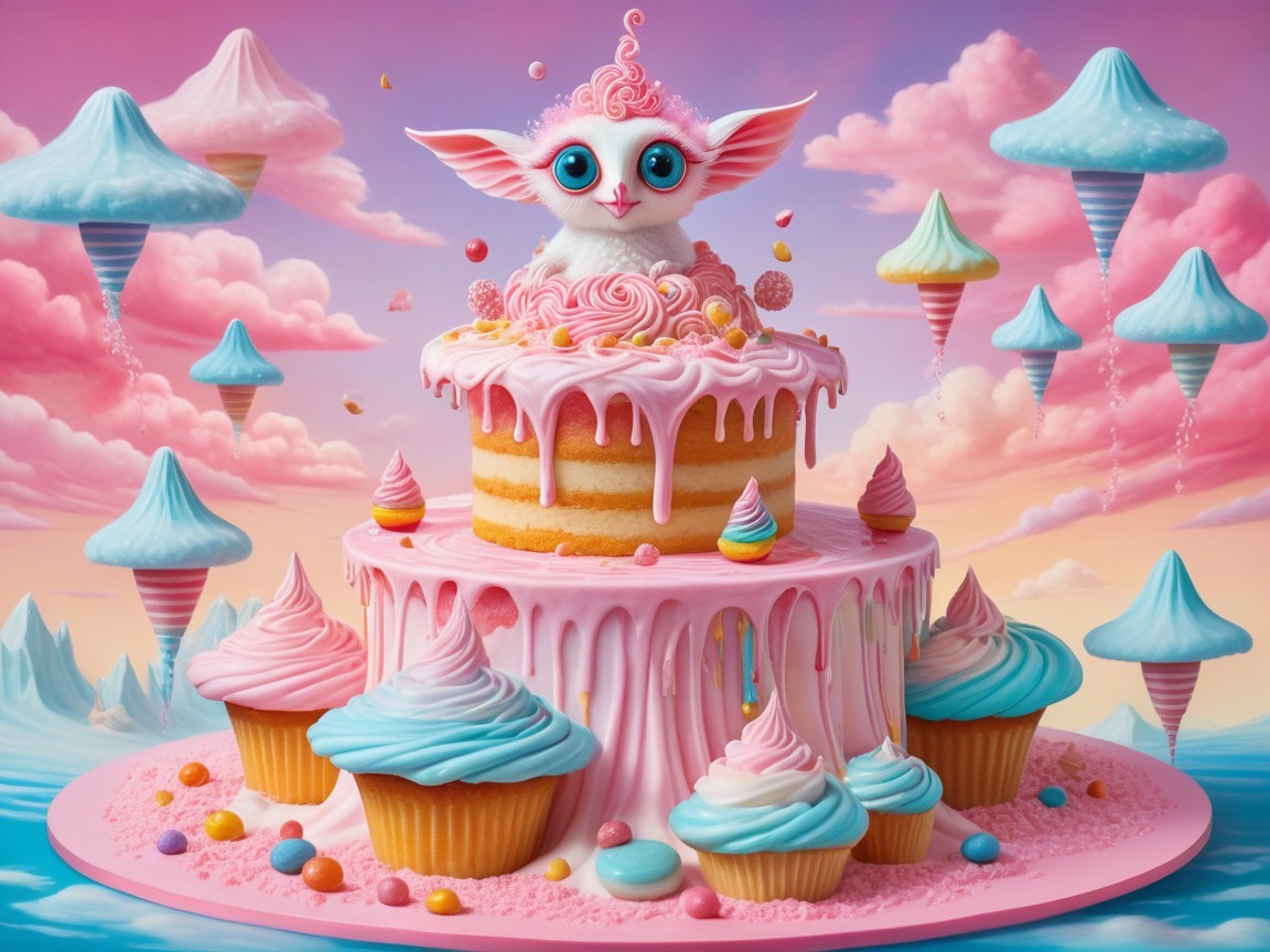 Whimsical Dessert Scene with Colorful Cakes and Clouds