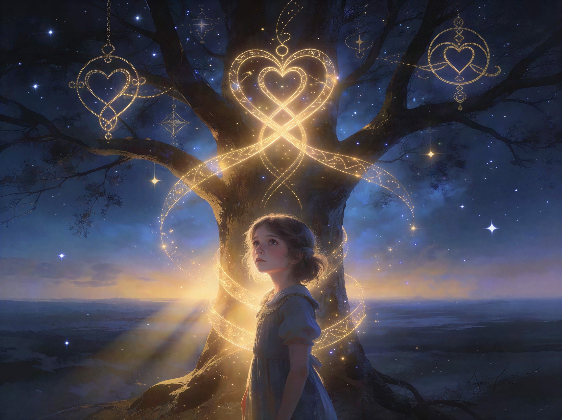 Young girl by tree with glowing heart symbols at twilight