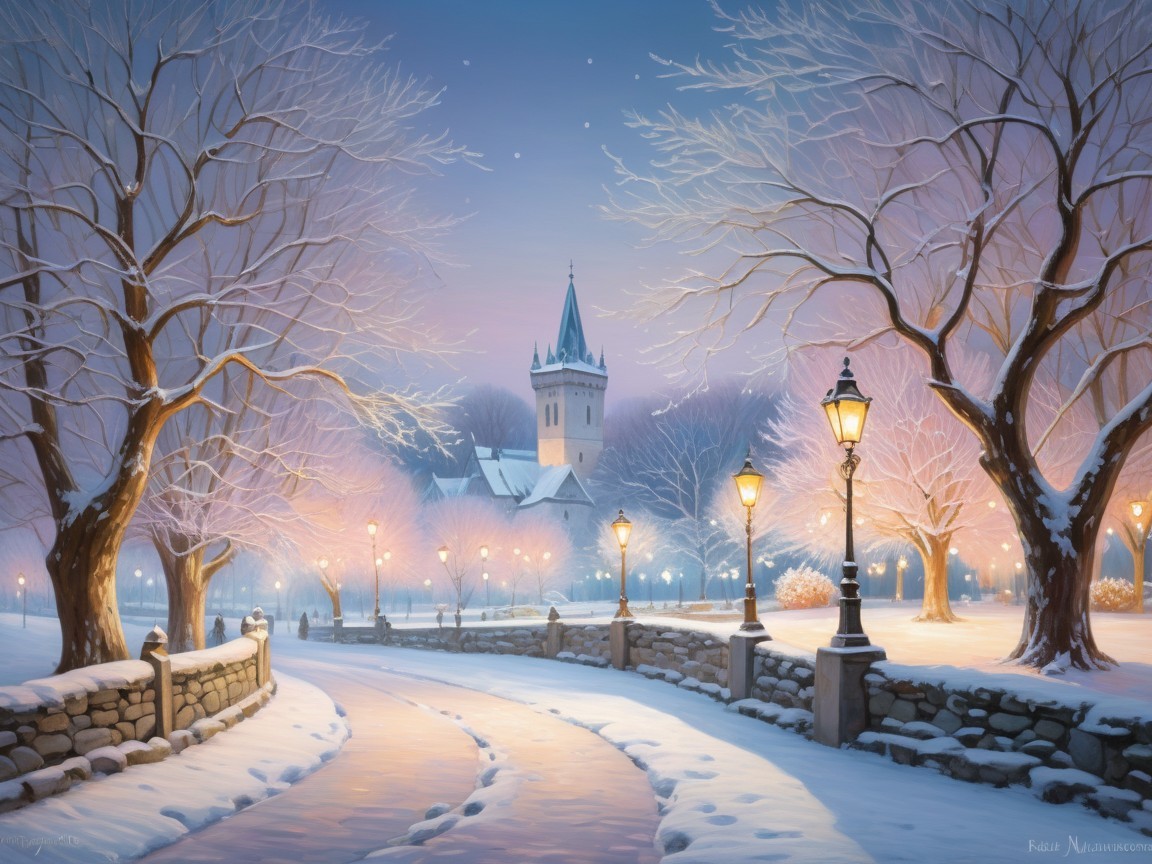 Serene Winter Scene with Snow and Twilight Sky