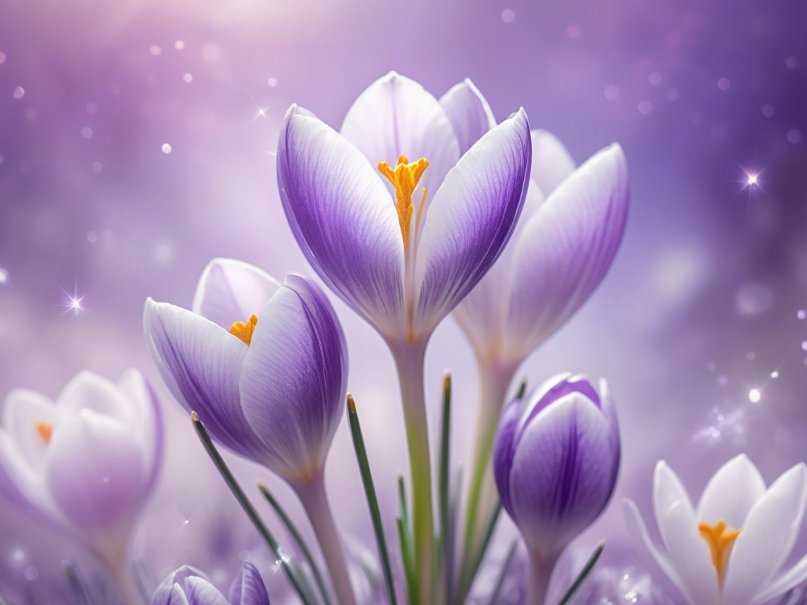 Lavender and white crocus flowers in spring bloom