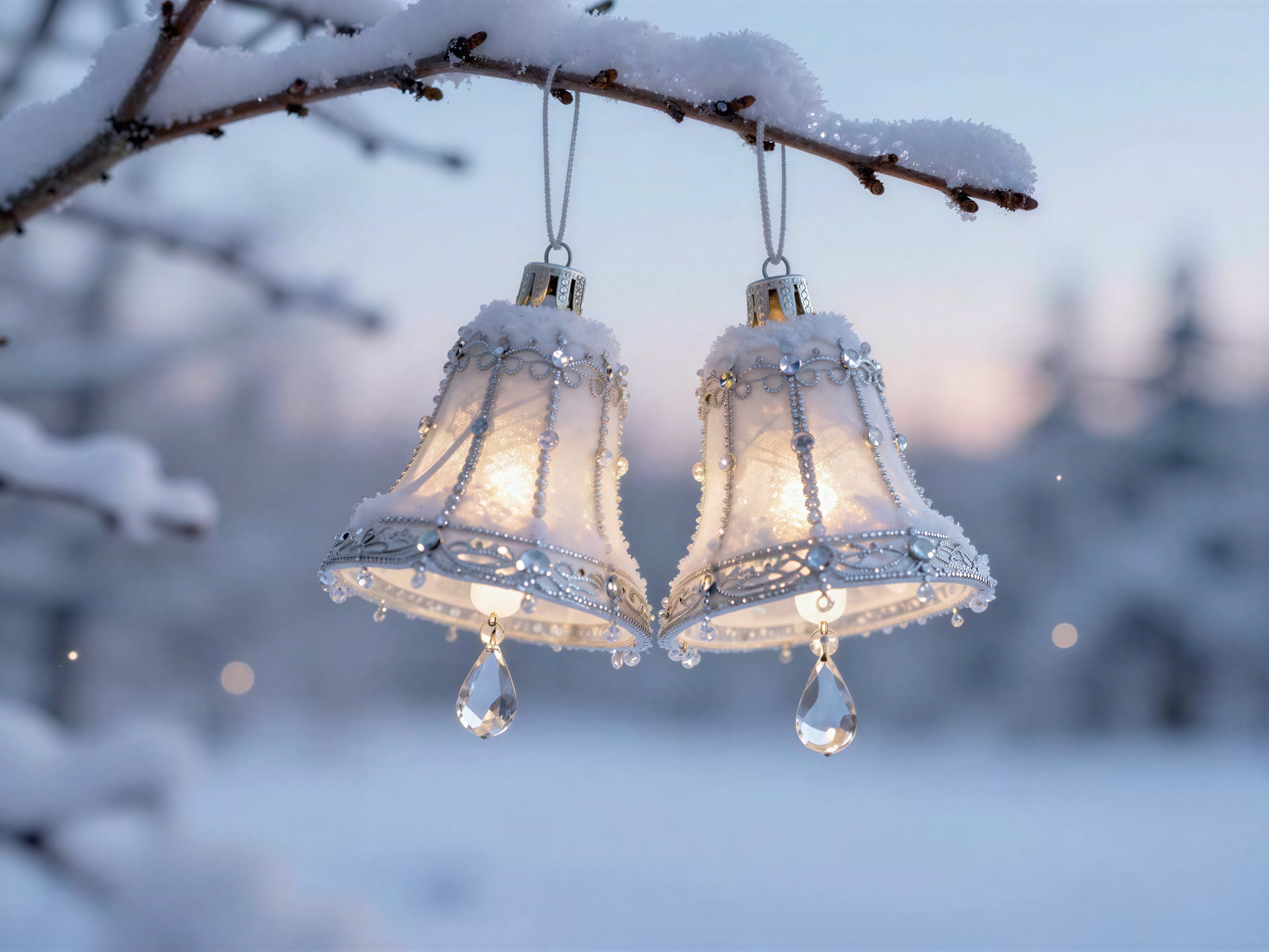 Ornate white bells with silver accents in winter scene