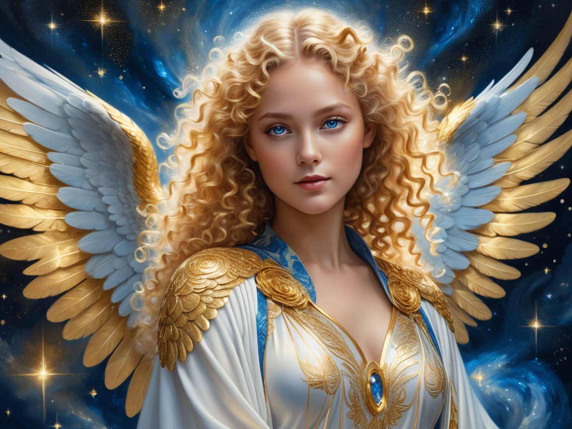 Celestial Figure with Golden Wings in Cosmic Scene