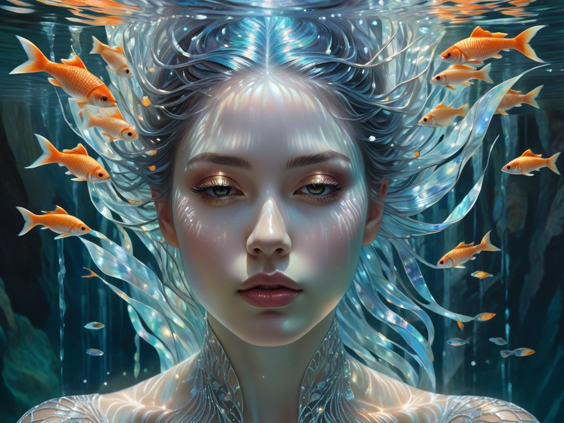 Underwater Scene with Ethereal Woman and Golden Fish