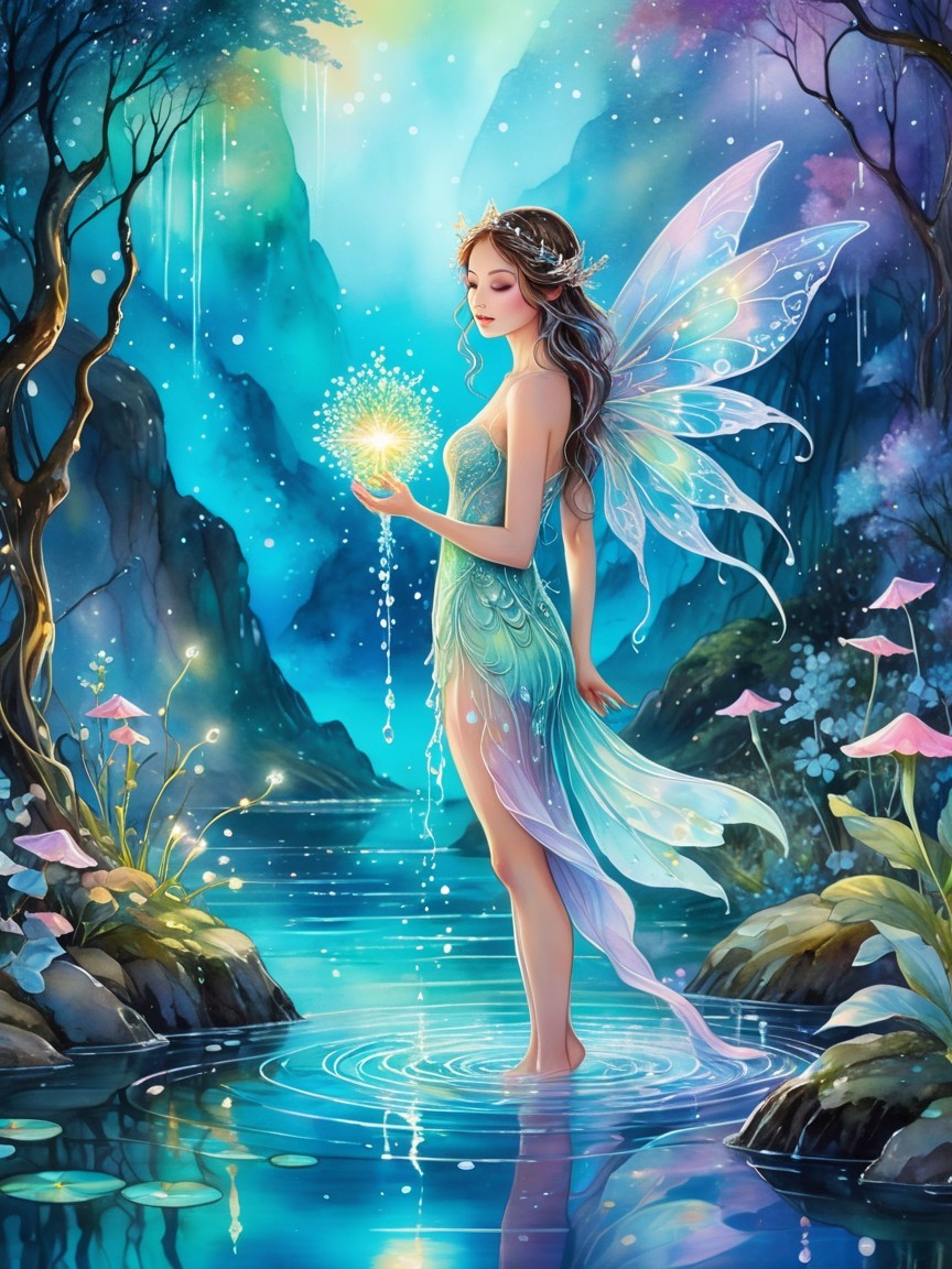 Fairy in a Tranquil Lagoon with Glowing Mushrooms