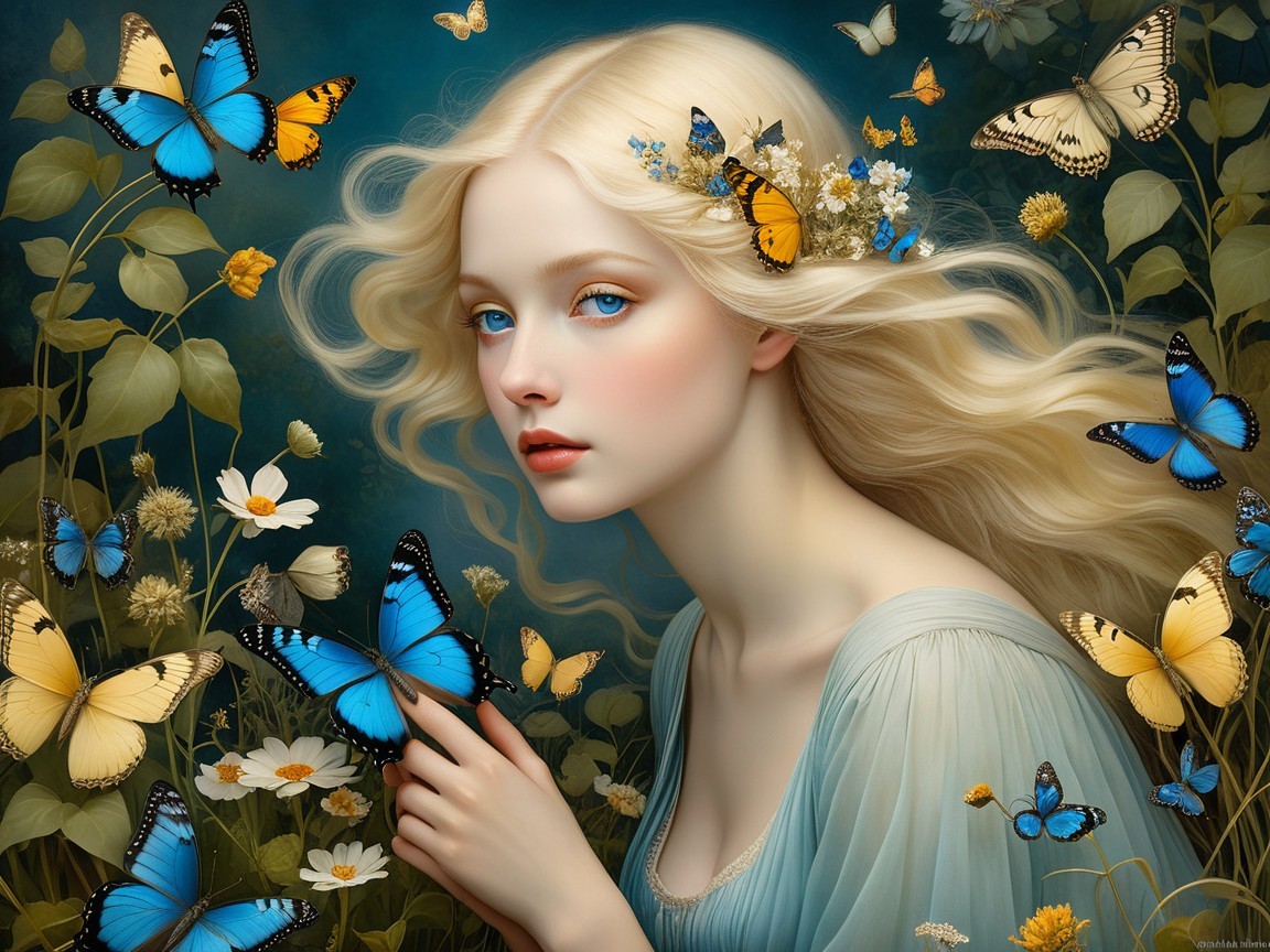 Blonde Woman Surrounded by Blue and Yellow Butterflies