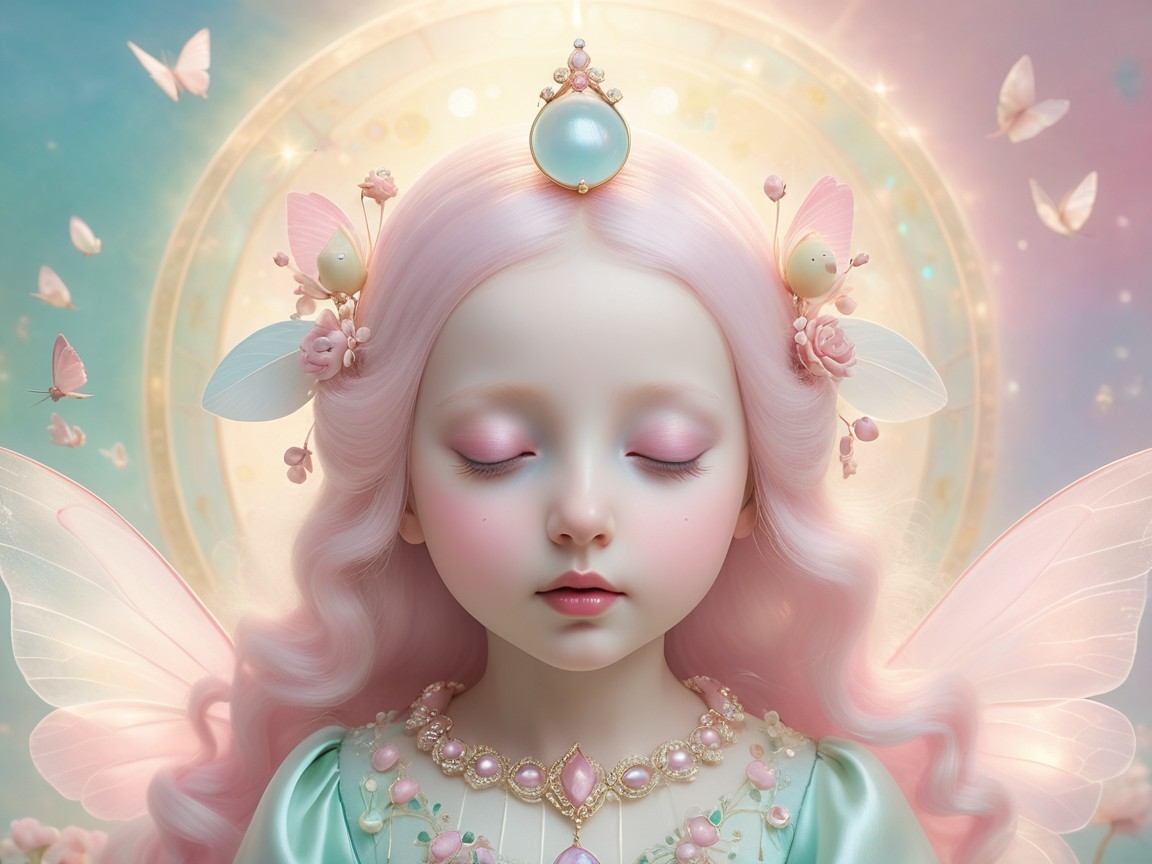 Ethereal girl with pastel pink hair and butterfly wings
