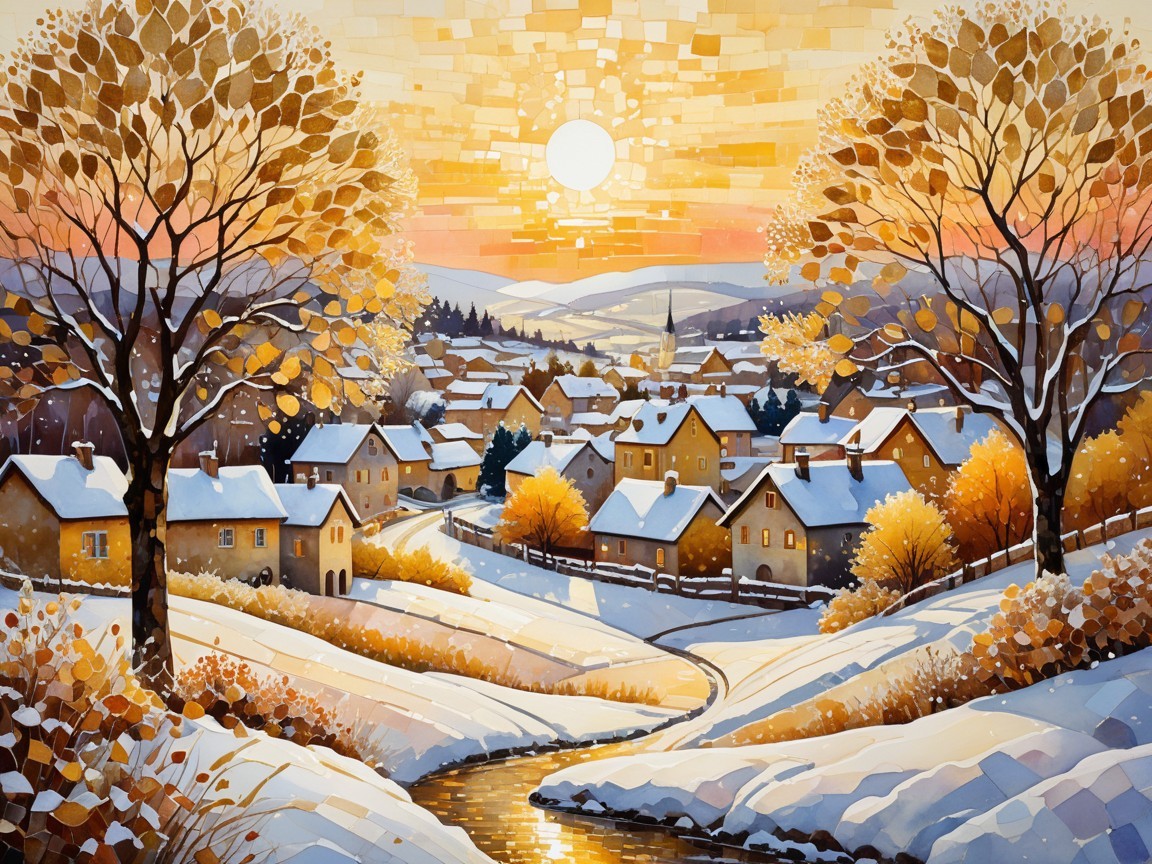 Watercolor Painting of a Snowy Village at Sunset