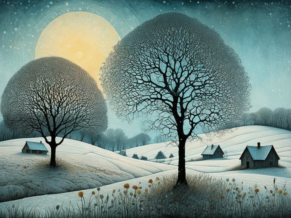 Serene winter landscape with trees and snow-covered hills