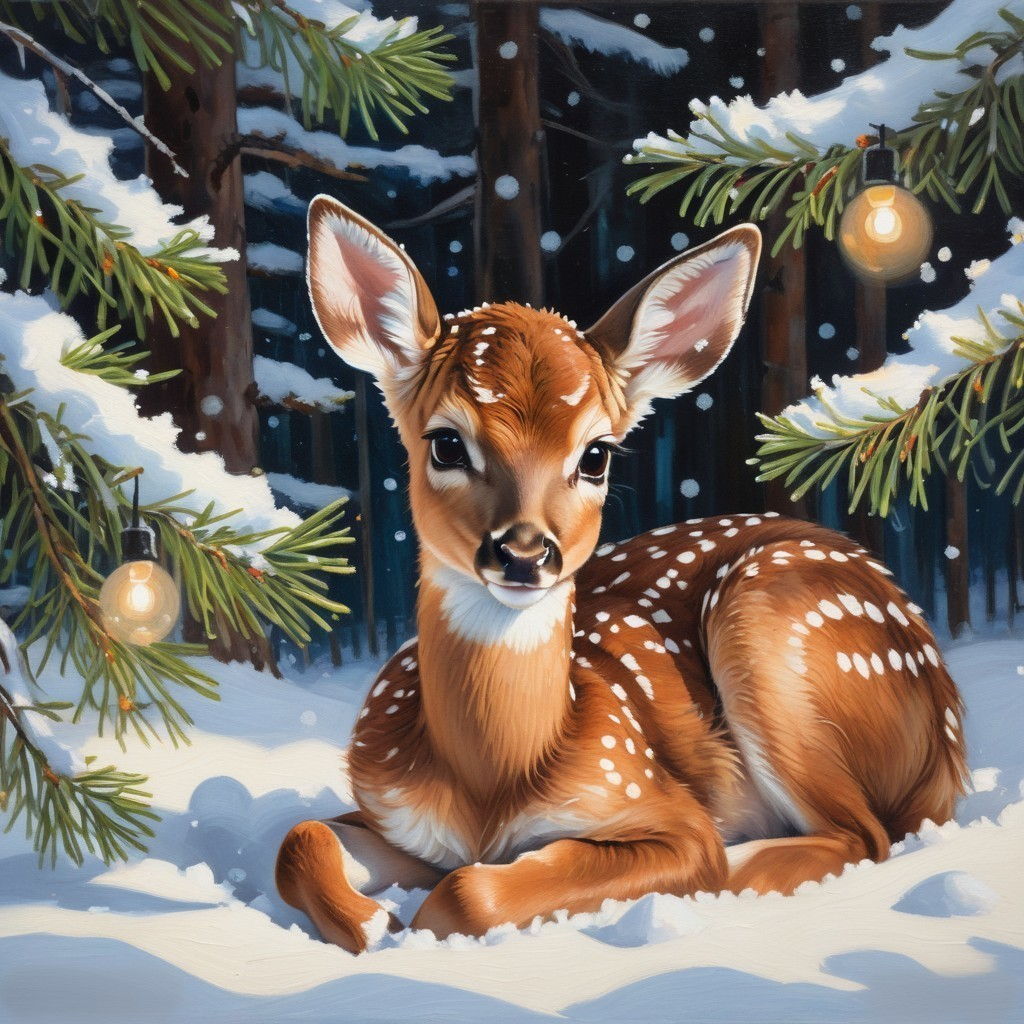 Young fawn in snowy landscape with glowing lights