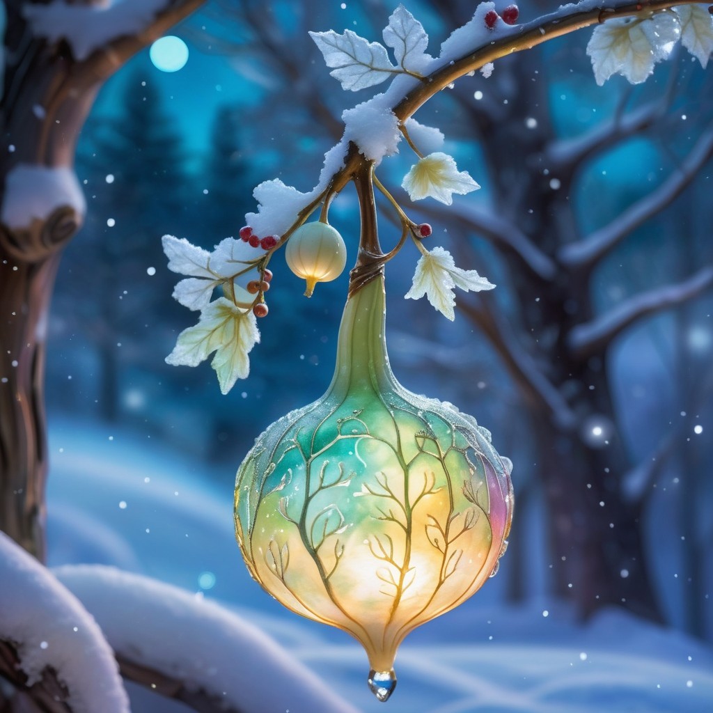 Delicate Glass Ornament on Snow-Covered Branch