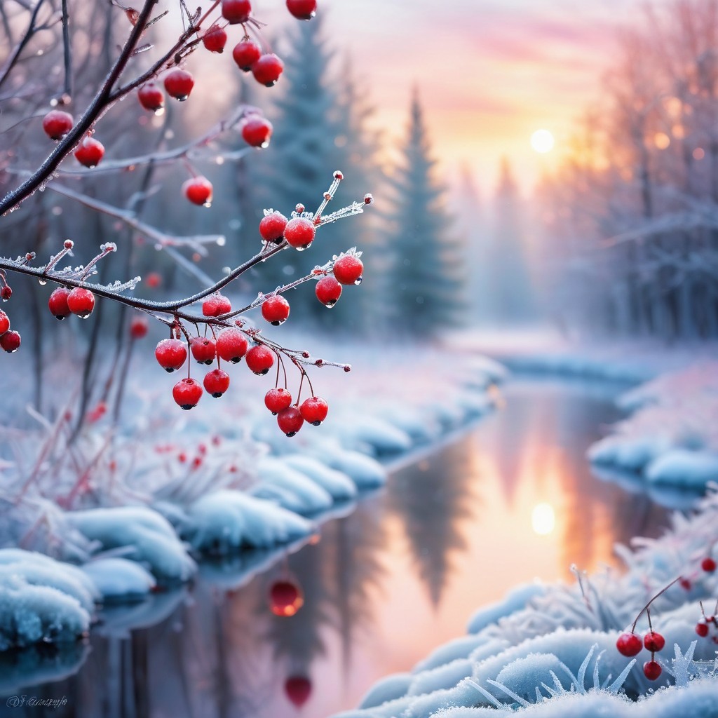 Winter River Scene with Frost and Red Berries