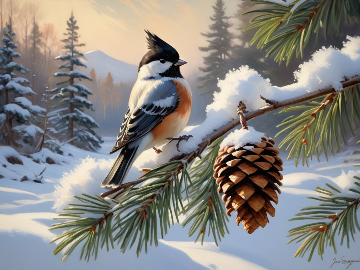 Painting of a Colorful Bird on a Snowy Pine Branch