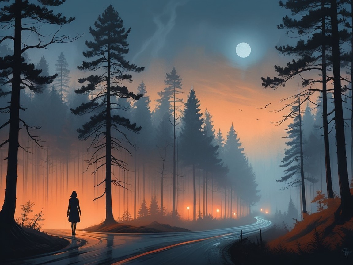 Solitary Figure on Winding Forest Road at Dusk