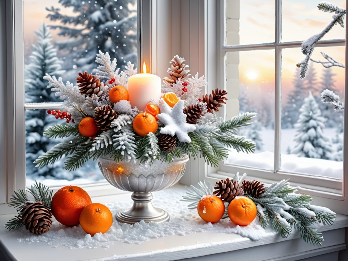 Winter Centerpiece with Oranges, Pinecones, and Candle