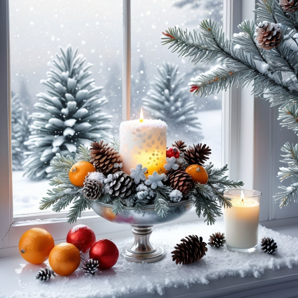 Winter Holiday Scene with Snowy Forest and Centerpiece