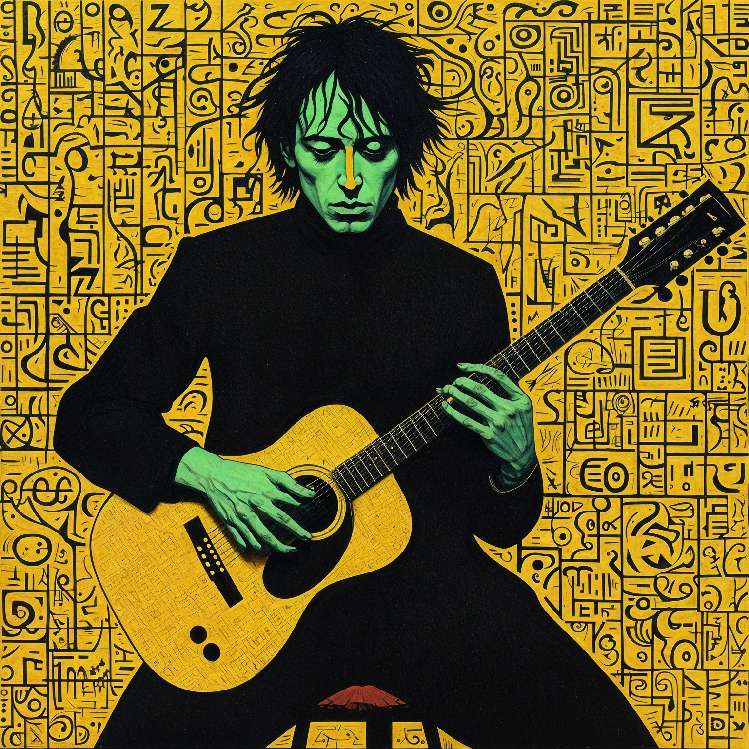Solitary Musician with Green Skin and Yellow Patterns