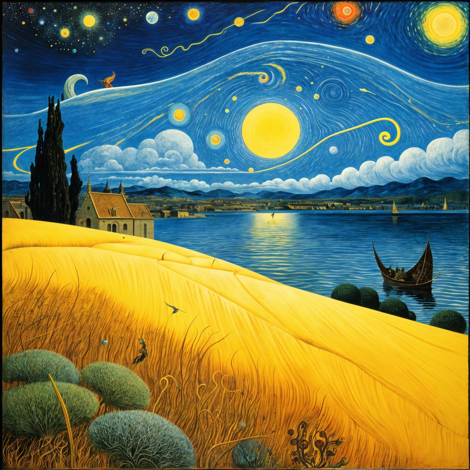 Vibrant Landscape with Golden Fields and Starry Sky