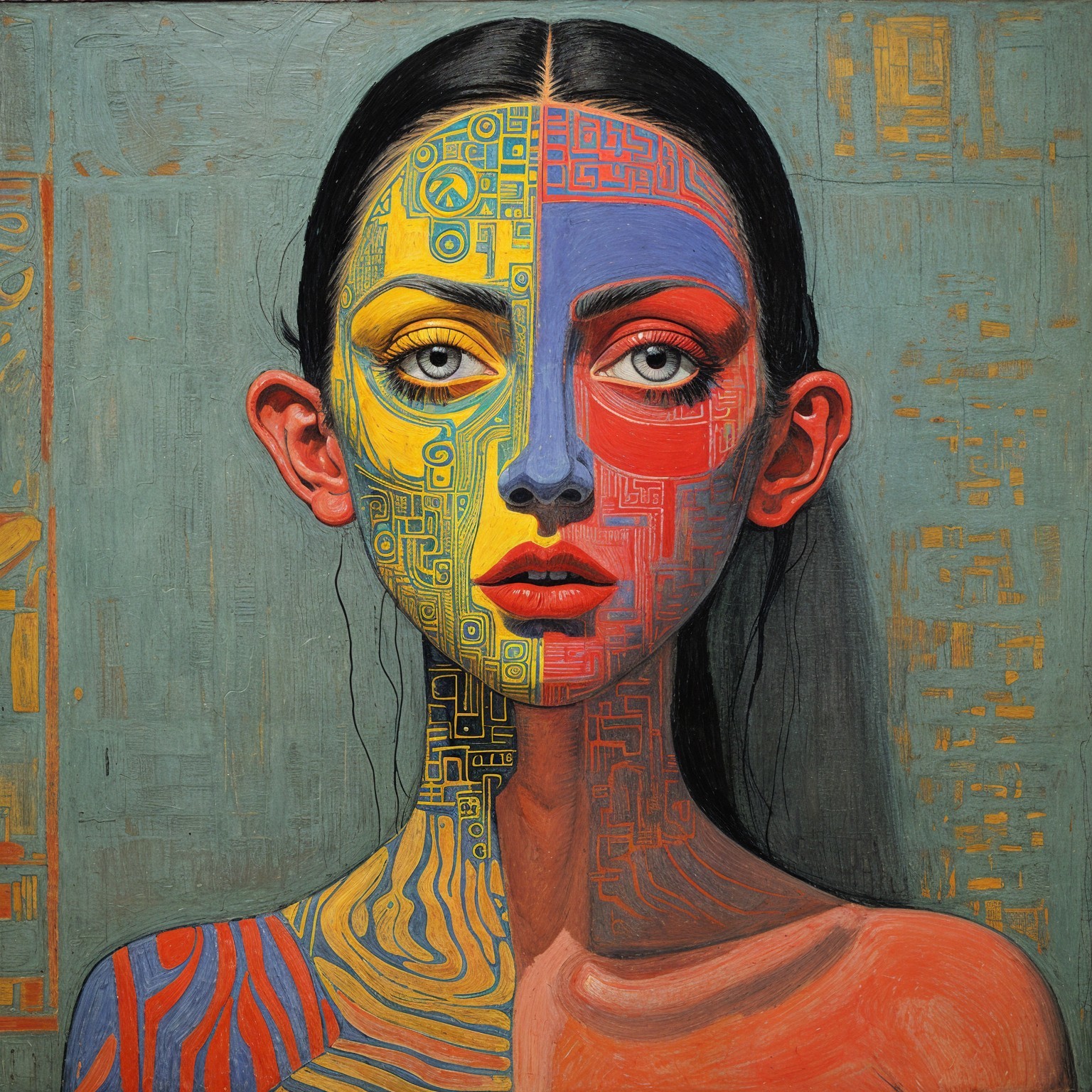Portrait of a Woman with Split Face in Bold Colors