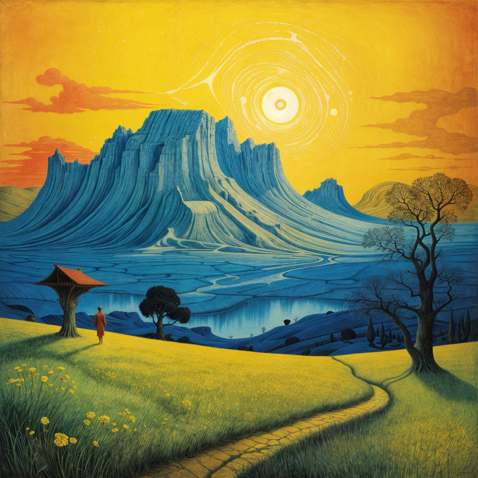 Vibrant Landscape with Blue Mountain and Yellow Sky
