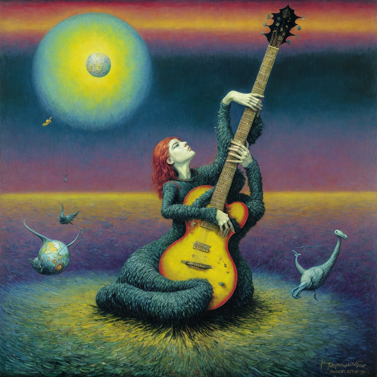 Surreal Scene with Dark Fur Figure and Yellow Guitar