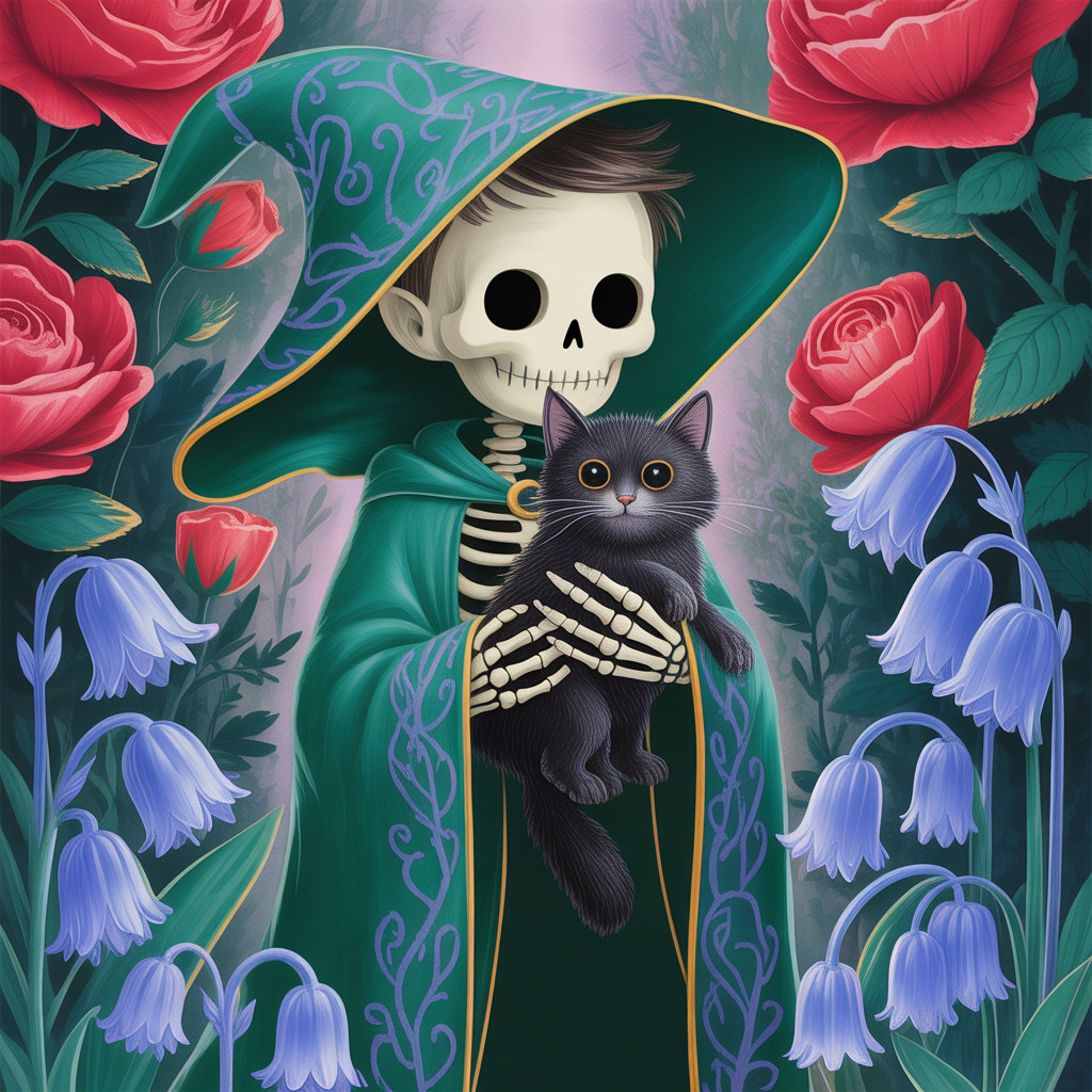 Whimsical Illustration of a Skeleton with a Cat
