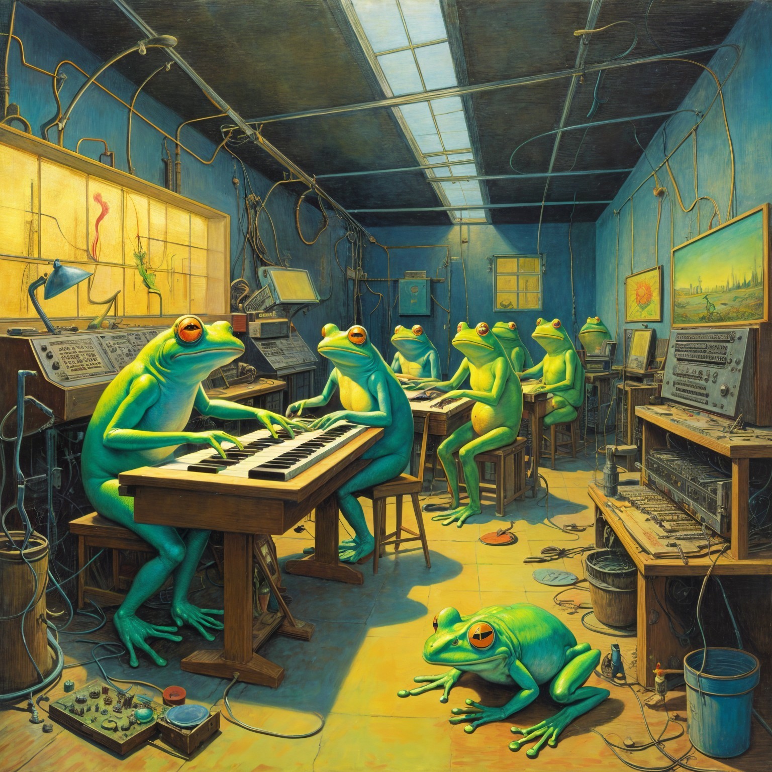 Cartoonish Frogs in a Cluttered Music Studio Scene