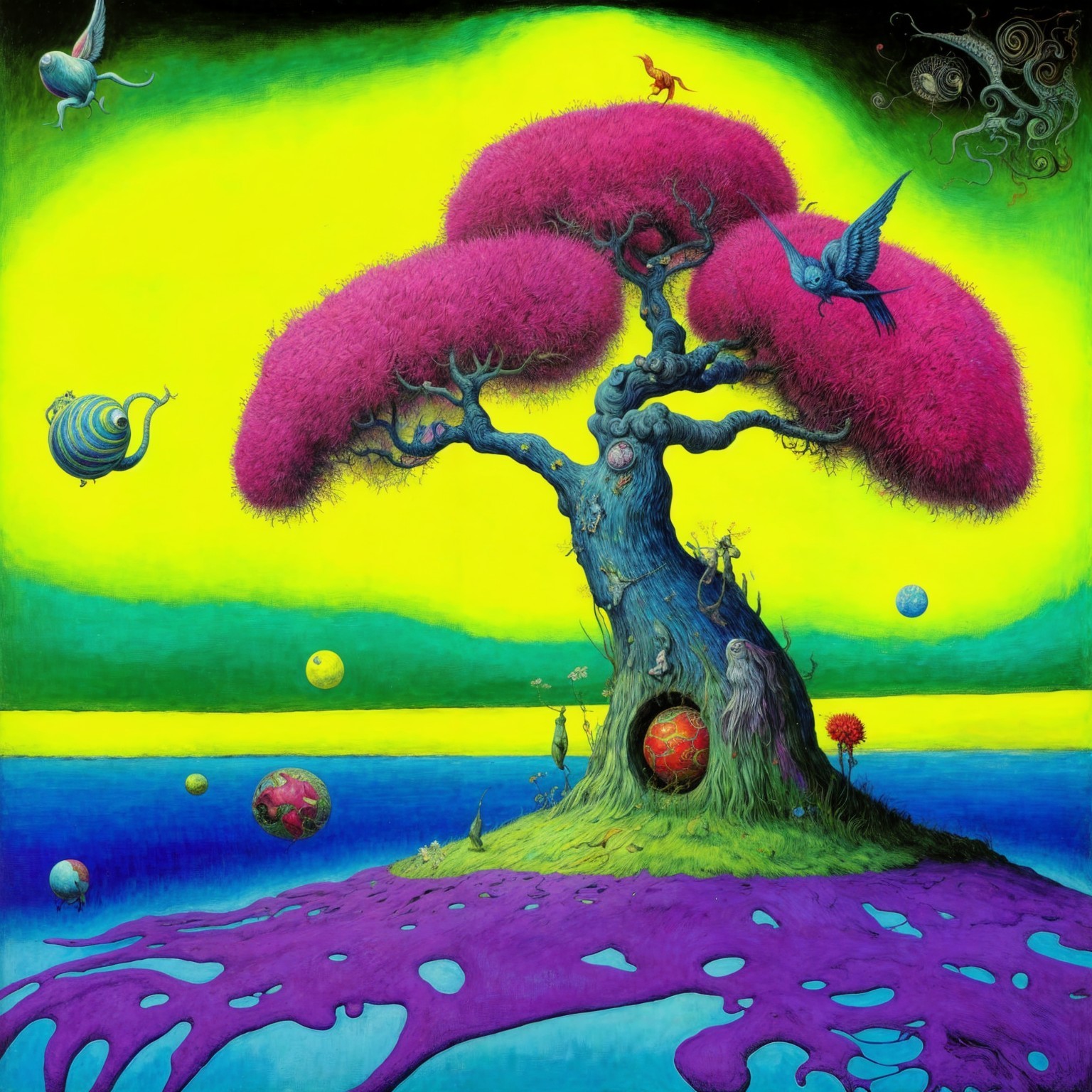 Surreal Landscape with Vibrant Tree and Whimsical Creatures