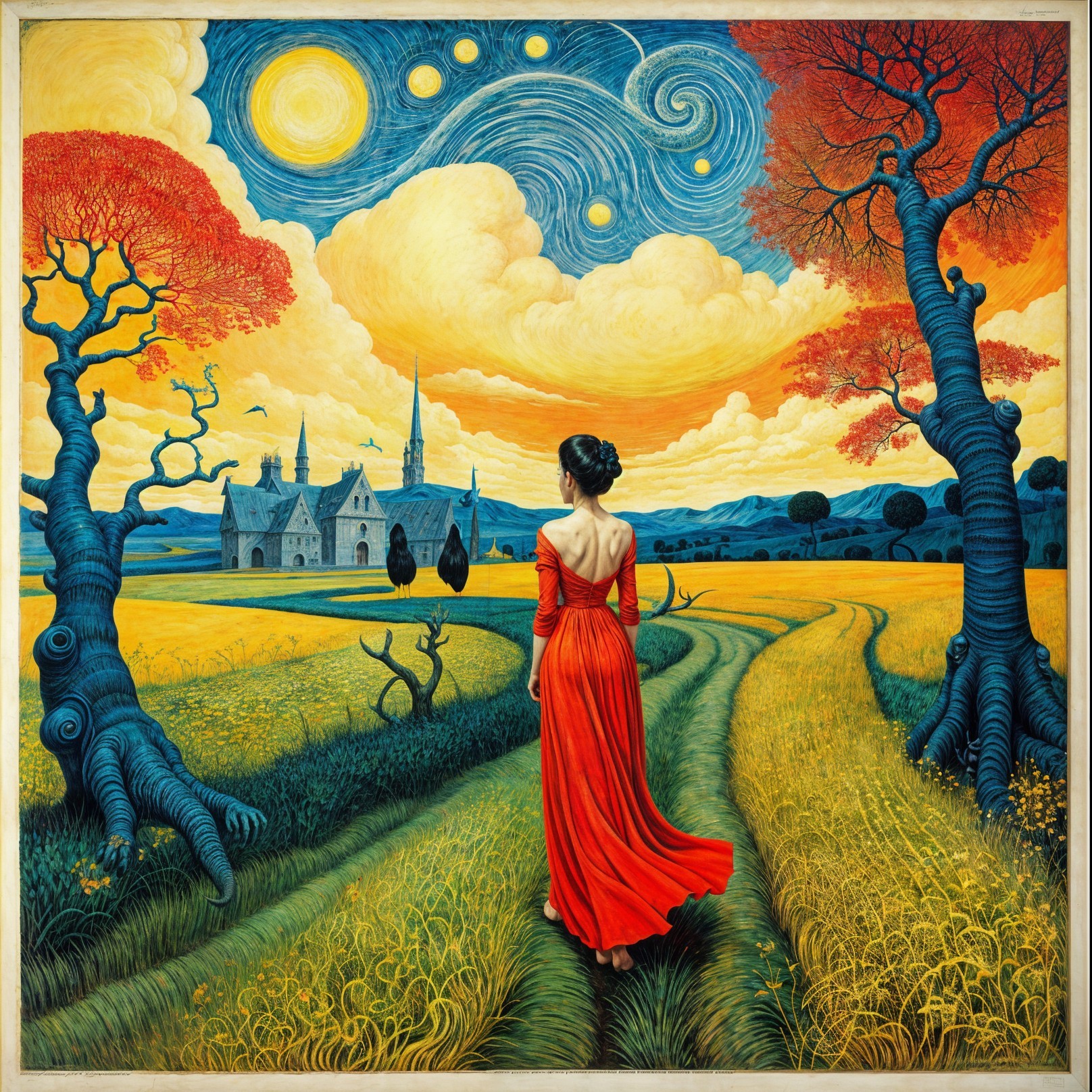 Woman in Red Dress Walking Through Vibrant Fields